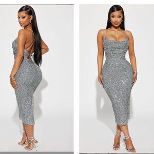 Charlotte Sequin Midi Dress - Silver